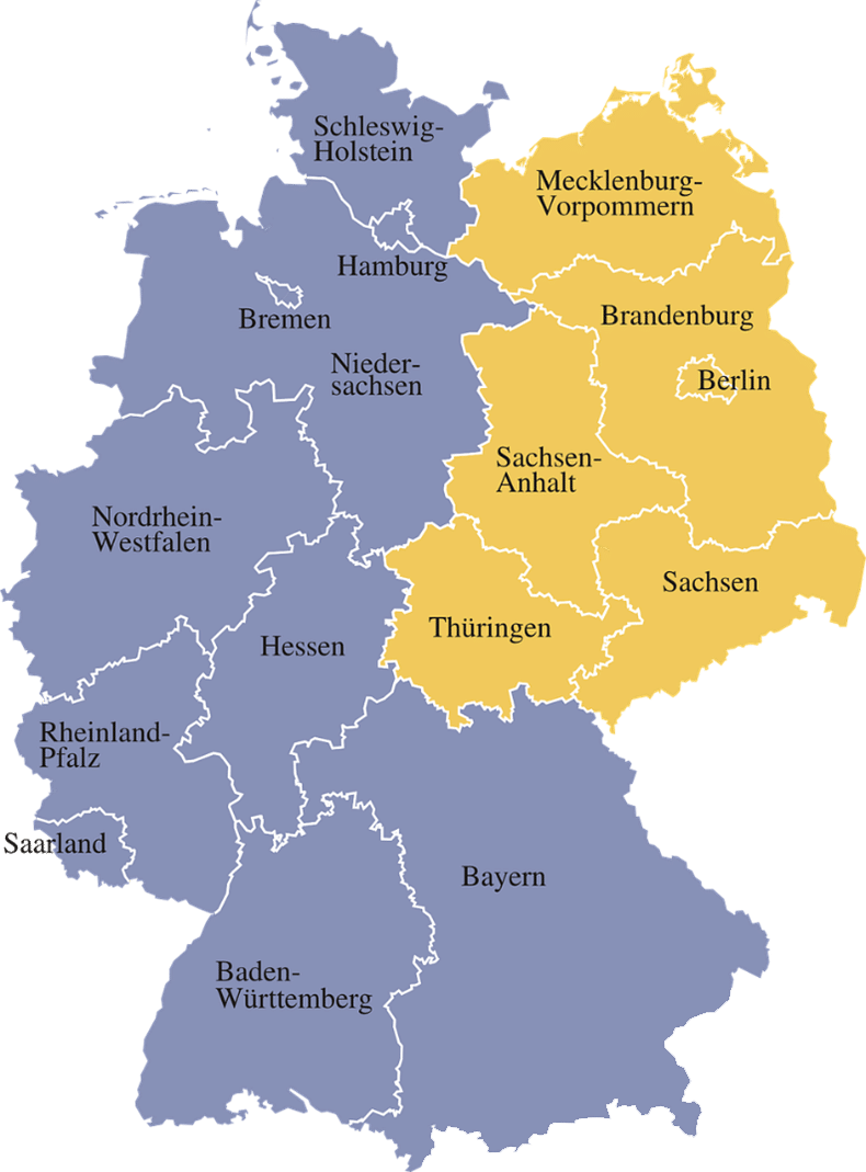 東西分断時代の地図　黄色が東ドイツ、青が西ドイツ