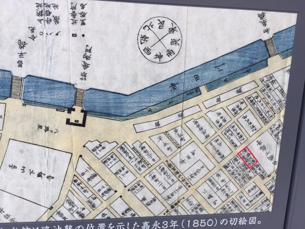 A map from the Edo era. The Chiba Shusaku Narimasa Dôjô is marked in red.