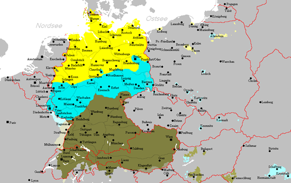 In yellow areas Low German is spoken, in light blue Middle German and in dark green High German. https://de.wikipedia.org/wiki/Zweite_Lautverschiebung#/media/Datei:Heutige_deutsche_Mundarten.PNG