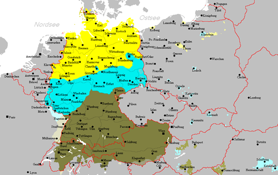 In gelben Gebieten wird Plattdeutsch, in hellblauen Mitteldeutsch und in dunkelgrünen Hochdeutsch gesprochen. Gebietehttps://de.wikipedia.org/wiki/Zweite_Lautverschiebung#/media/Datei:Heutige_deutsche_Mundarten.PNG